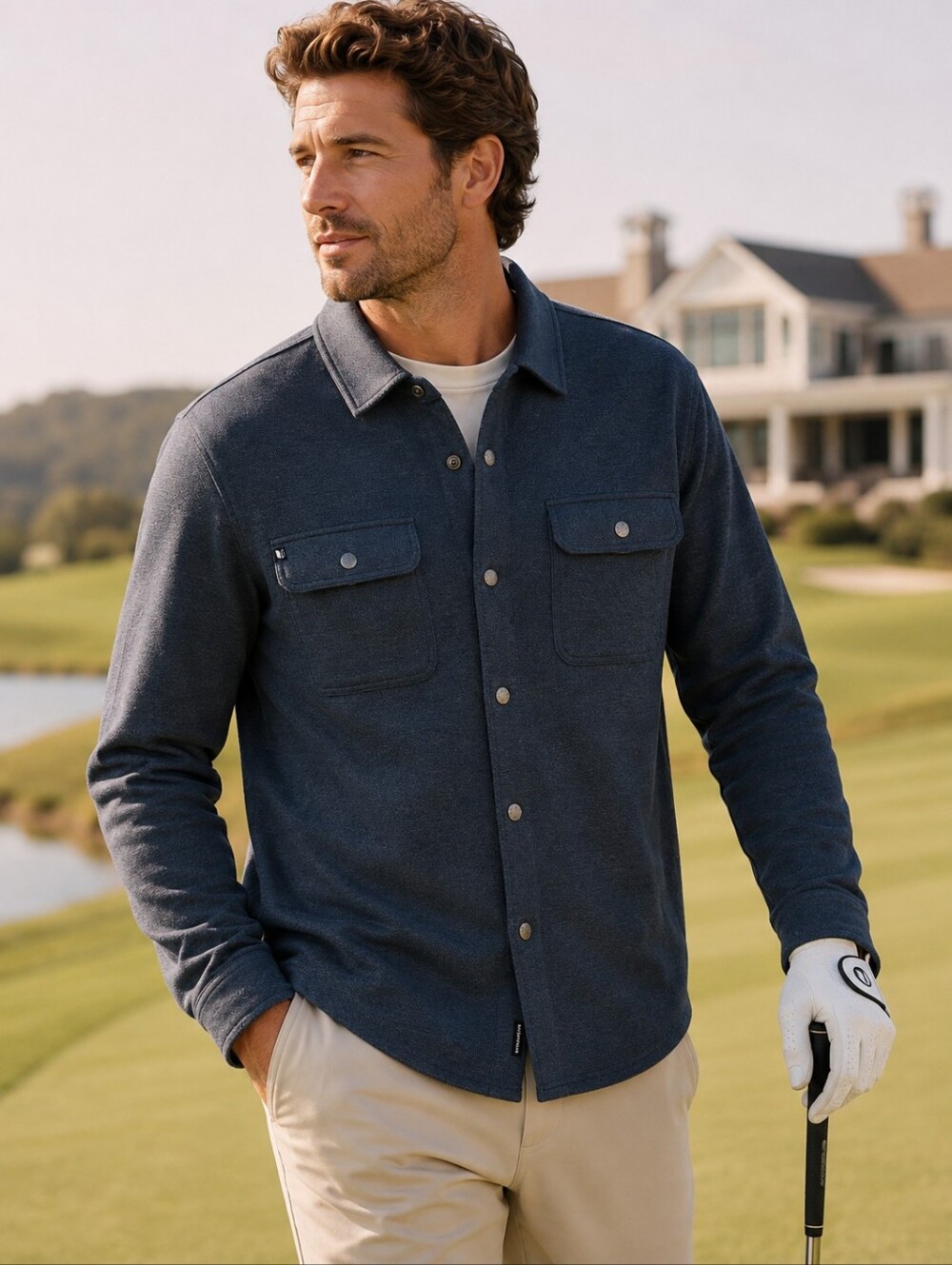 LINKSOUL Shacket Mens XL Blue Snap Front Shirt Jacket Golf Overshirt